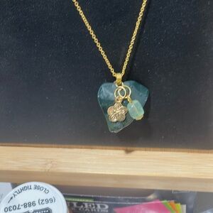 Green and Gold Heart Pendant Necklace made from polished stone handmade jewelry